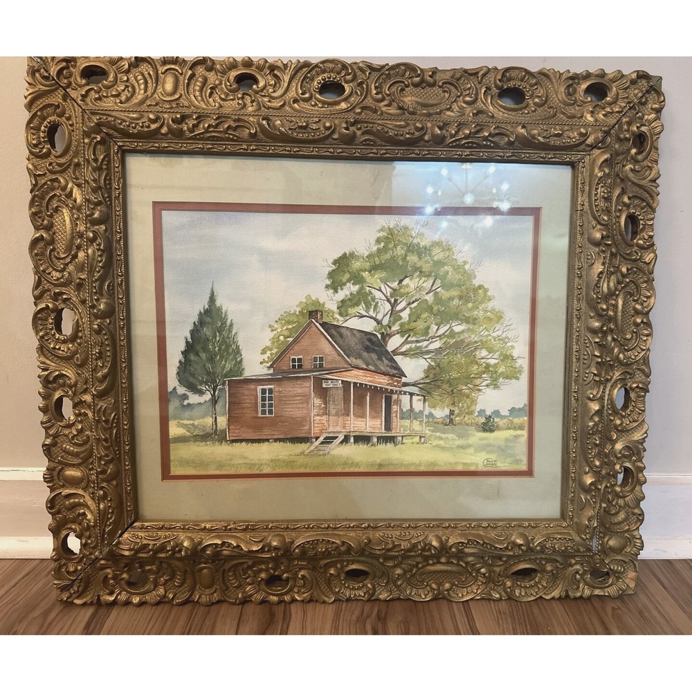 VTG Watercolor Painting Ornate Gold Frame Red Barn Signed Nancy Joiner Cottage